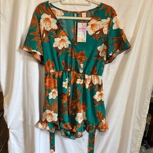 Vibrant Floral Women's Romper Ruffles Tie Waist NWT